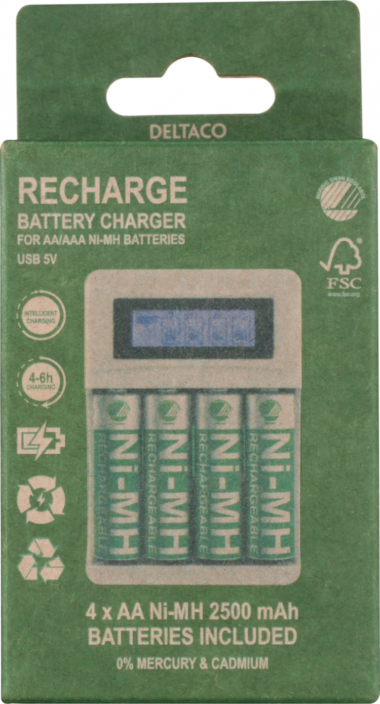 DELTACO Ultimate Ni-Mh USB charger with 4 x AA batteries