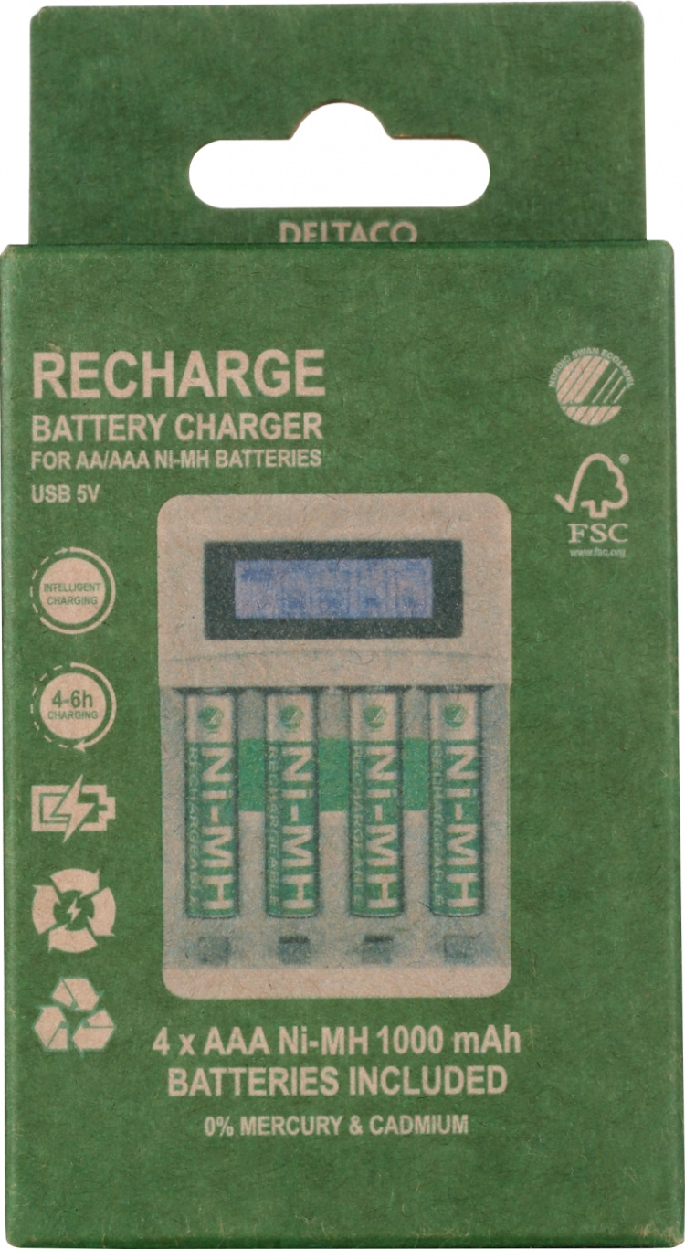 DELTACO Ultimate Ni-Mh USB charger with 4 x AAA batteries