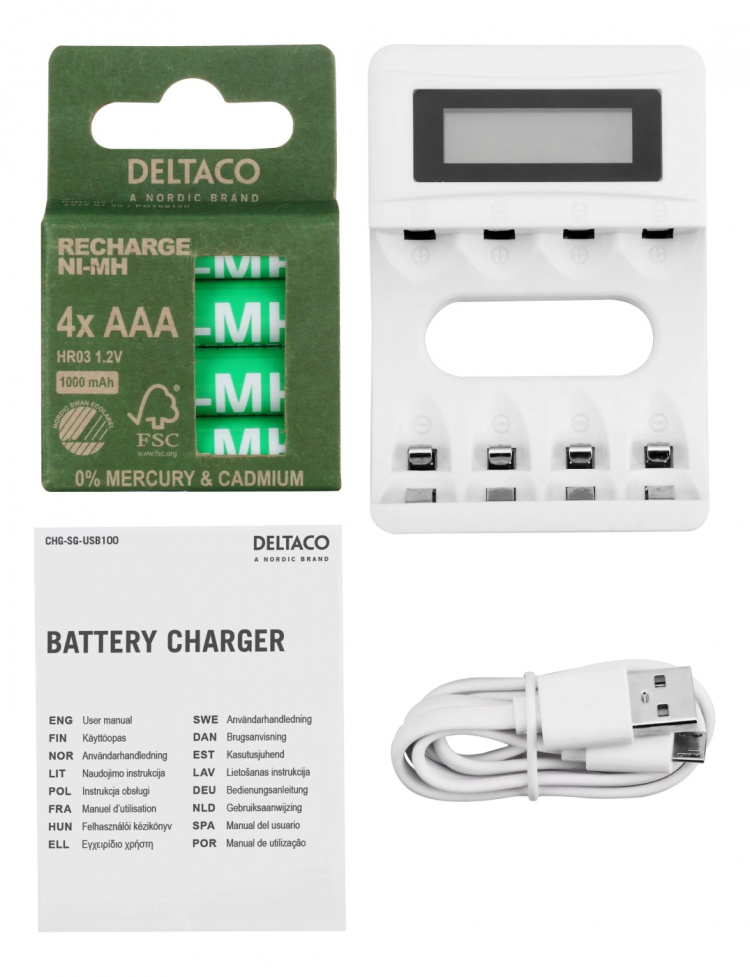 DELTACO Ultimate Ni-Mh USB charger with 4 x AAA batteries