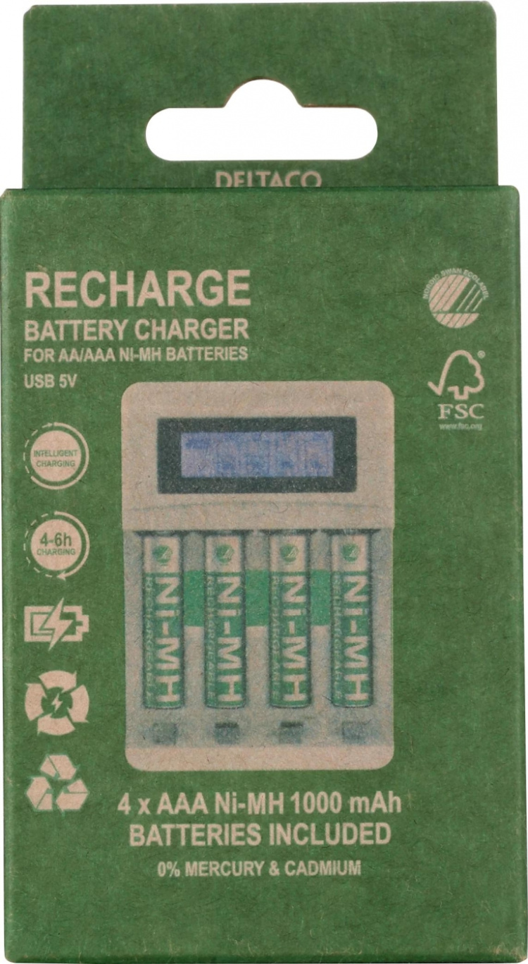 DELTACO Ultimate Ni-Mh USB charger with 4 x AAA batteries