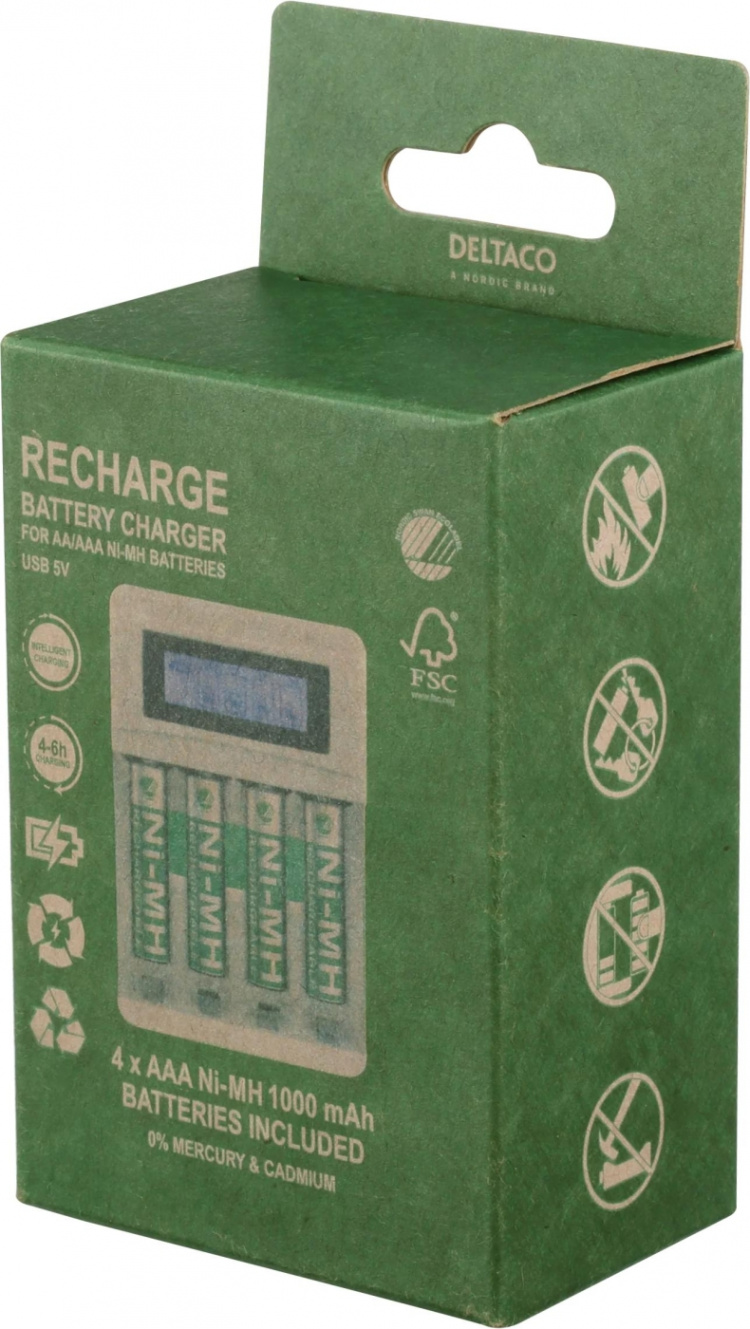 DELTACO Ultimate Ni-Mh USB charger with 4 x AAA batteries