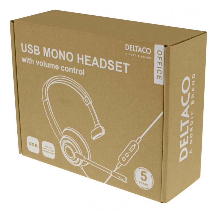 DELTACO Office USB mono headset, volume control, noise reducing mic