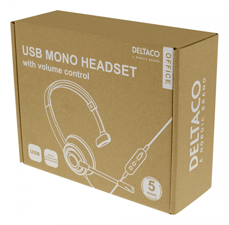 DELTACO Office USB mono headset, volume control, noise reducing mic