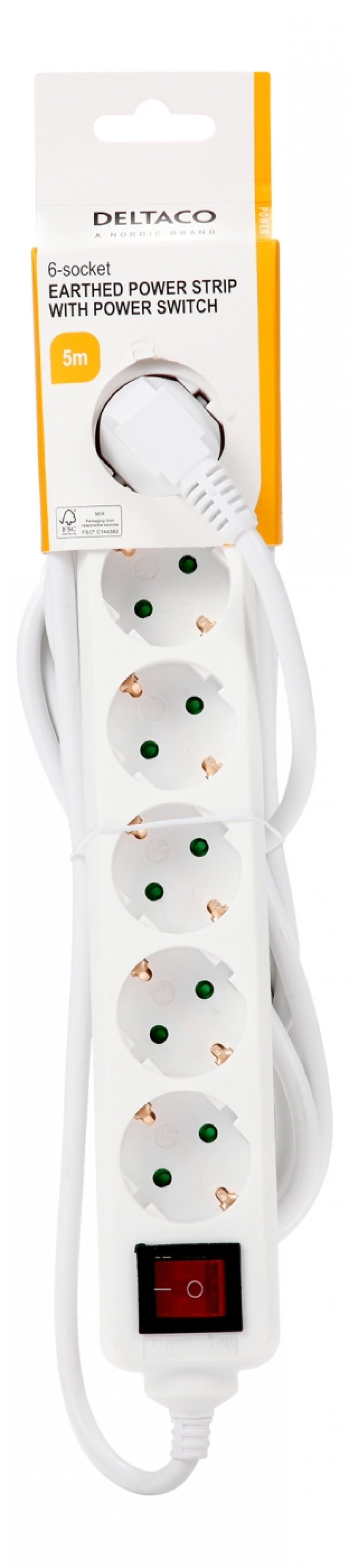 DELTACO Jordat grenuttag strömbryt, 6x CEE 7/3, 1x CEE 7/7, 5m, v