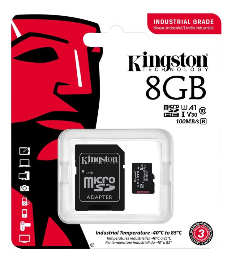 Kingston 8GB microSDHC Industrial C10 A1 pSLC Card + SD Adapter Kingston 8GB microSDHC Industrial C10 A1 pSLC Card + SD Adapter