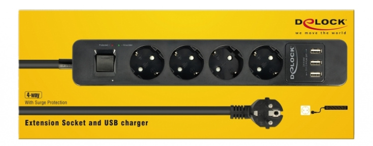 DE-LOCK Power strip with 4x CEE 7/3, 3x USB Type-A ports, child protec