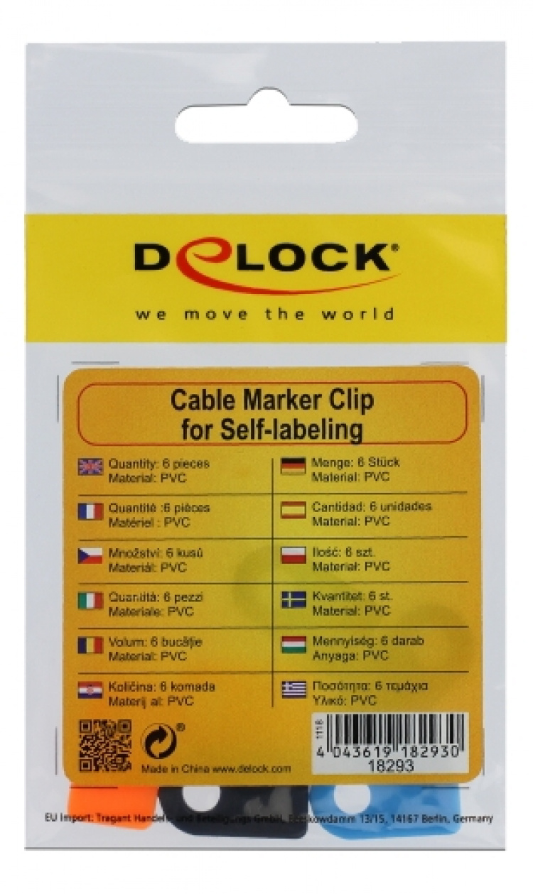 DE-LOCK Cable marker clips, 6-pack, black/blue/orange, 3,5mm cables, m