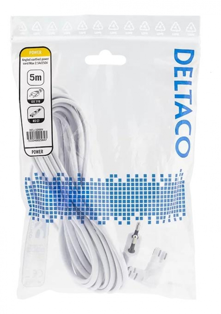 DELTACO outlet cable, 5m, angled CEE 7/16 to angled IEC 60320 C7, white DELTACO outlet cable, 5m, angled CEE 7/16 to angled IEC 60320 C7, white