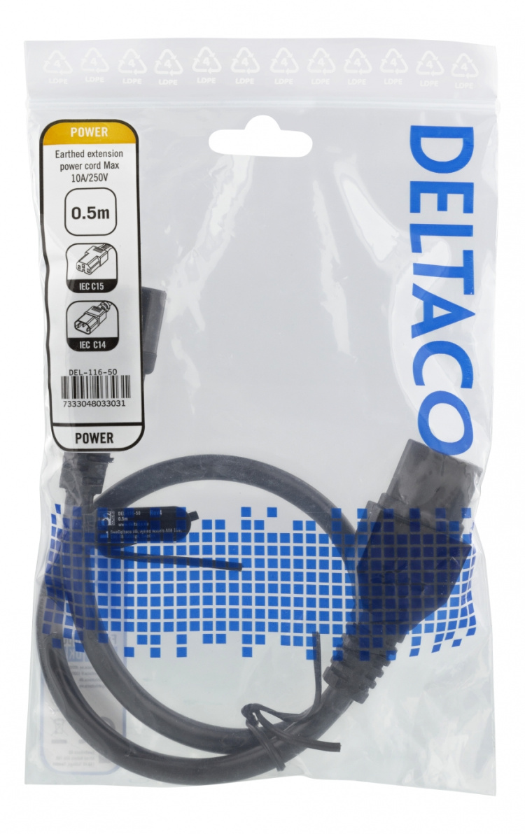 DELTACO extension cord IEC C15 - IEC C14, 0.5m, black DELTACO extension cord IEC C15 - IEC C14, 0.5m, black