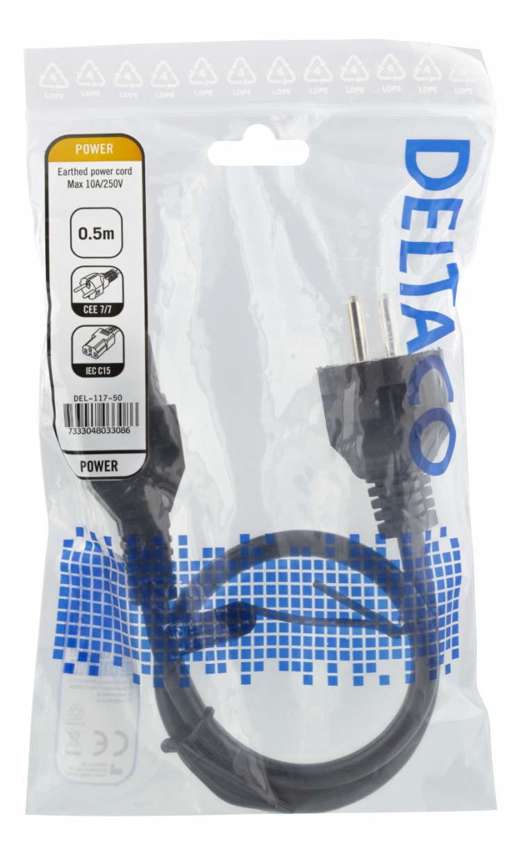 DELTACO power cord CEE 7/7 - IEC C15, 0,5m, black DELTACO power cord CEE 7/7 - IEC C15, 0,5m, black