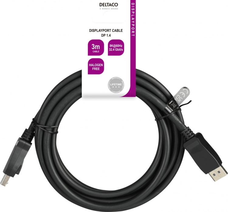 DELTACO DisplayPort cable, DP 1.4, 8K@60Hz, 3m, black