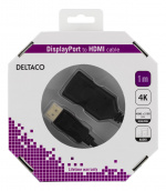 DELTACO DisplayPort to HDMI 2.0b cable, 4K at 60Hz, active, HDCP 2.2, 3D, 1m, black
