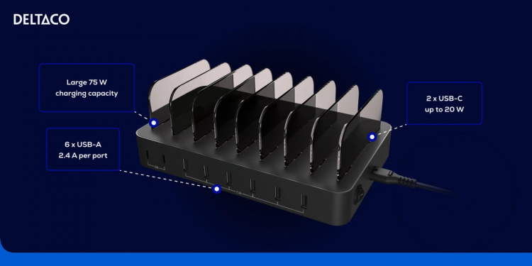 DELTACO USB charging station 6x USB-A, 2x USB-C PD, total 75W, black DELTACO USB charging station 6x USB-A, 2x USB-C PD, total 75W, black
