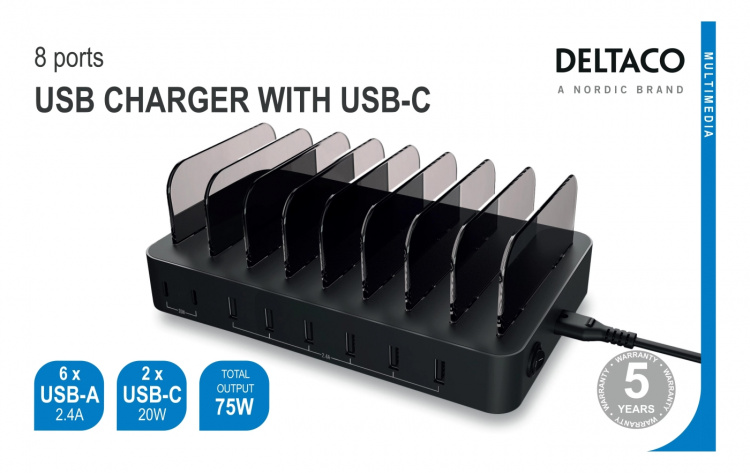 DELTACO USB charging station 6x USB-A, 2x USB-C PD, total 75W, black DELTACO USB charging station 6x USB-A, 2x USB-C PD, total 75W, black