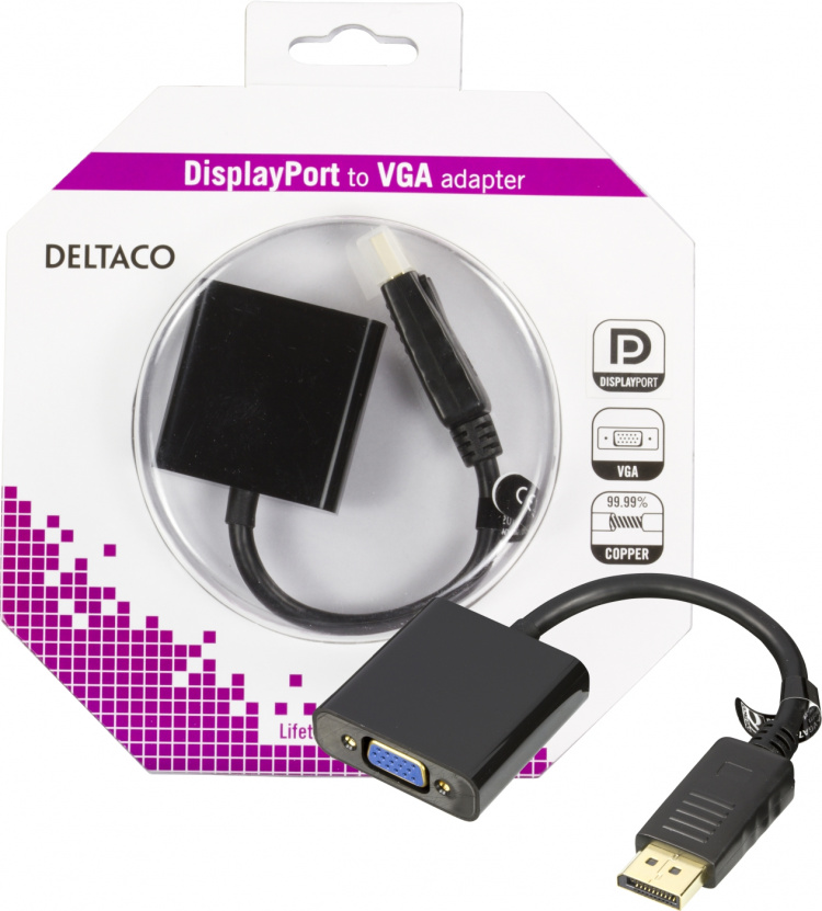 DELTACO DisplayPort to VGA-adapter, Full HD @60Hz, 0,2m, Black