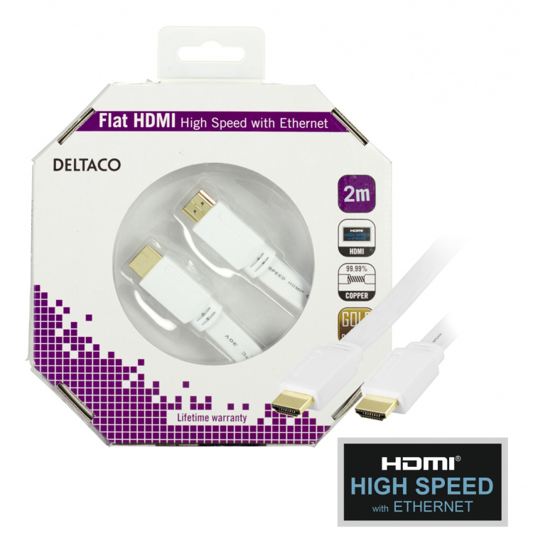 DELTACO flat HDMI cable, HDMI High Speed with Ethernet, 4K, 2m, white