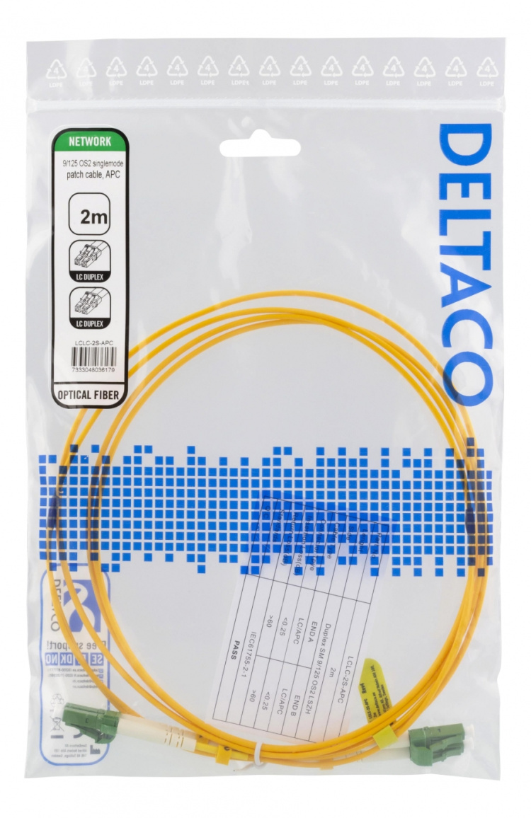 DELTACO OS2 fiber cable LC - LC, duplex, singlemode, APC, 9/125, 2m