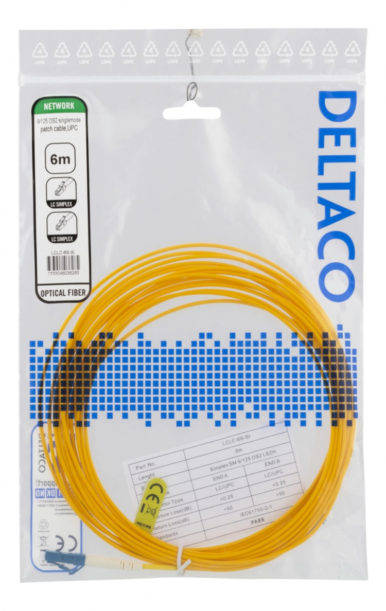 DELTACO OS2 fiber cable LC - LC, simplex, singlemode, UPC, 9/125, 6m DELTACO OS2 fiber cable LC - LC, simplex, singlemode, UPC, 9/125, 6m