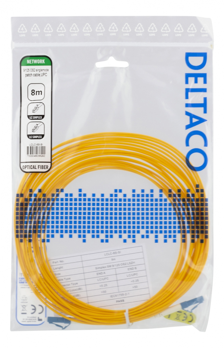 DELTACO OS2 fiber cable LC - LC, simplex, singlemode, UPC, 9/125, 8m