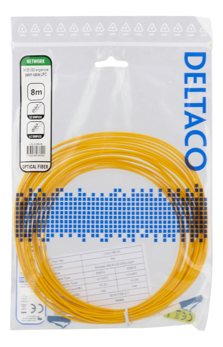 DELTACO OS2 fiber cable LC - LC, simplex, singlemode, UPC, 9/125, 8m