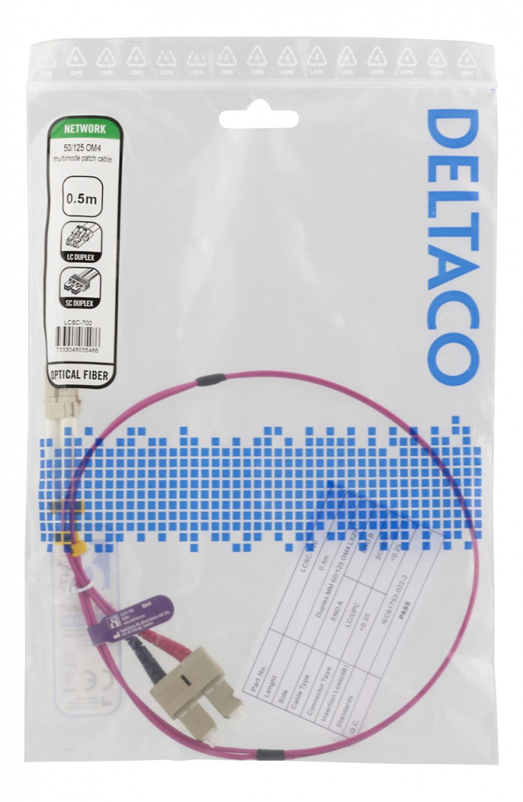 DELTACO OM4 fiber cable LC - SC, duplex, multimode, 50/125, 0.5m