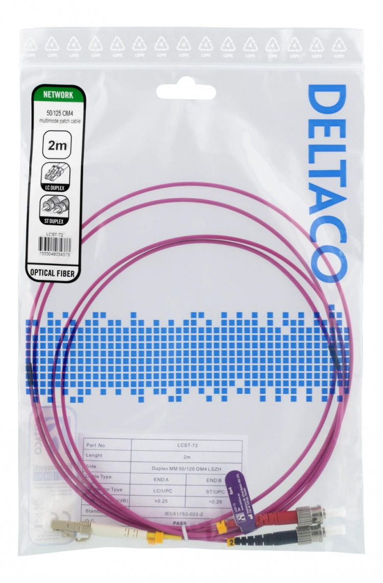 DELTACO Fiber cable, 2m, LC-ST Duplex, 50/125, pink
