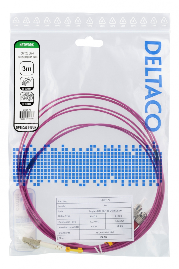 DELTACO Fiber cable, 3m, LC-ST Duplex, 50/125, pink