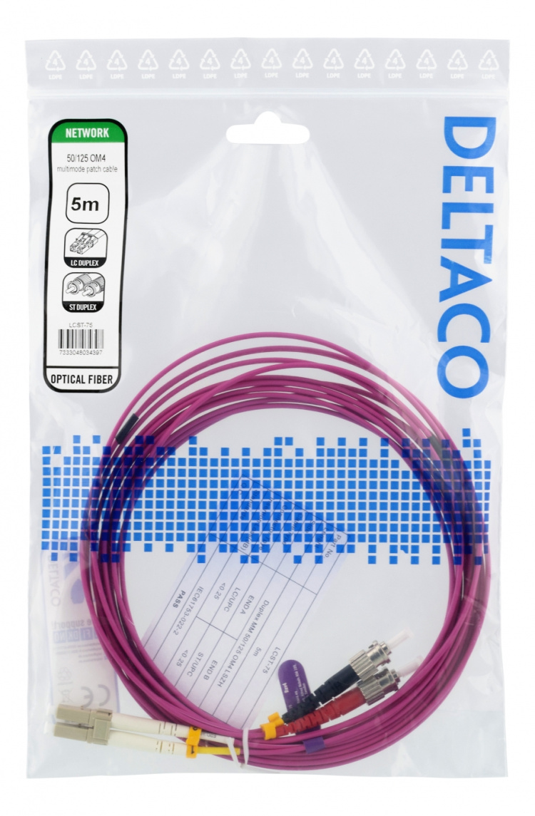 DELTACO Fiber cable, 5m, LC-ST Duplex, 50/125, pink