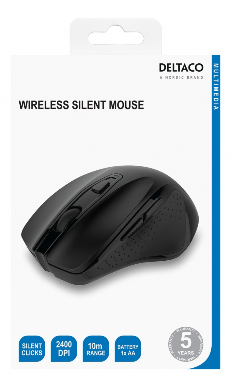 Deltaco wireless office mouse, ergonomic shape, silent clicks, USB rec