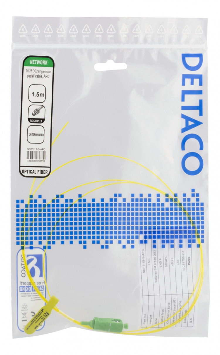 DELTACO OS2 fiber pigtail, SC, simplex, APC, 9/125, 1.5m