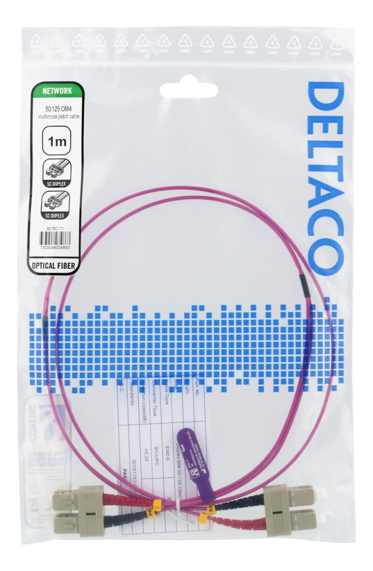 DELTACO Fiber cable, 1m, SC-SC Duplex, 50/125, pink