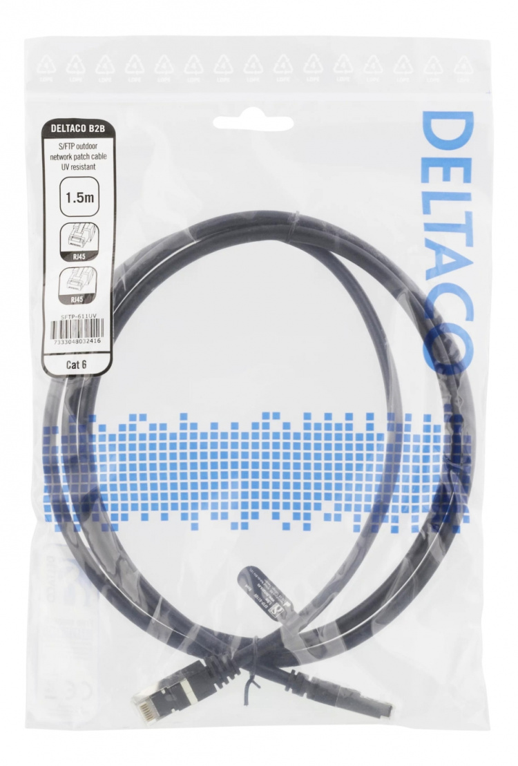 DELTACO S/FTP Cat6 patch cable, 1,5m, 250MHz, UV resistant, black