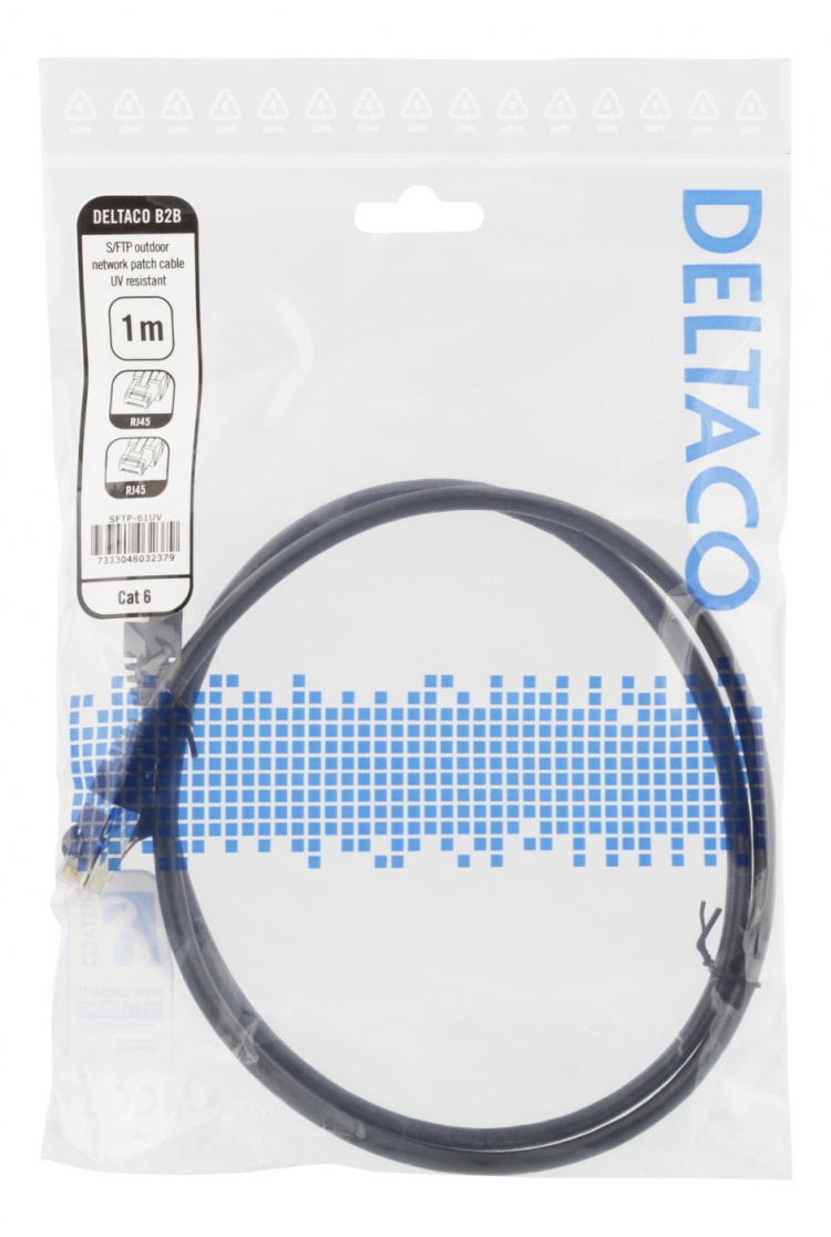 DELTACO S/FTP Cat6 patch cable, 1m, 250MHz, UV resistant, black