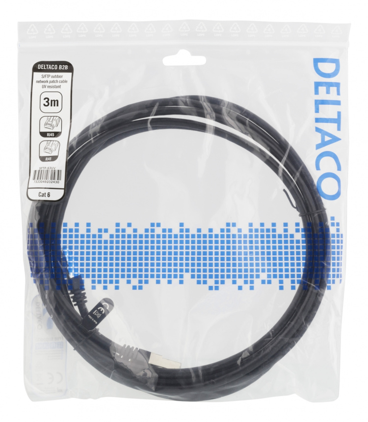 DELTACO S/FTP Cat6 patchkabel, UV resistent, 3m, svart