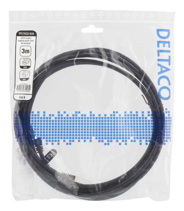 DELTACO S/FTP Cat6 patchkabel, UV resistent, 3m, svart