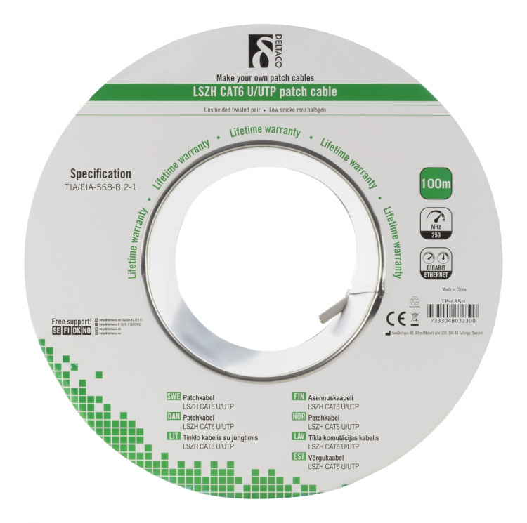 DELTACO U/UTP Cat6 patch cable, LSZH, 100m spool, 250MHz, white