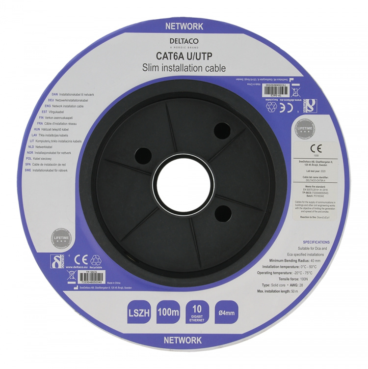 DELTACO U/UTP Cat6a installationskabel, slim 28AWG, 100m, LSZH, vit DELTACO U/UTP Cat6a installationskabel, slim 28AWG, 100m, LSZH, vit