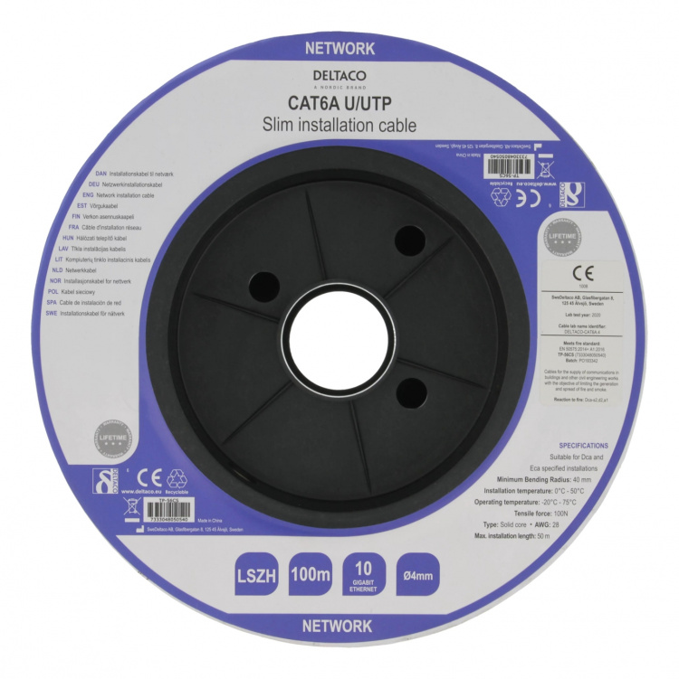 DELTACO U/UTP Cat6a installationskabel, slim 28AWG, 100m, LSZH, vit DELTACO U/UTP Cat6a installationskabel, slim 28AWG, 100m, LSZH, vit