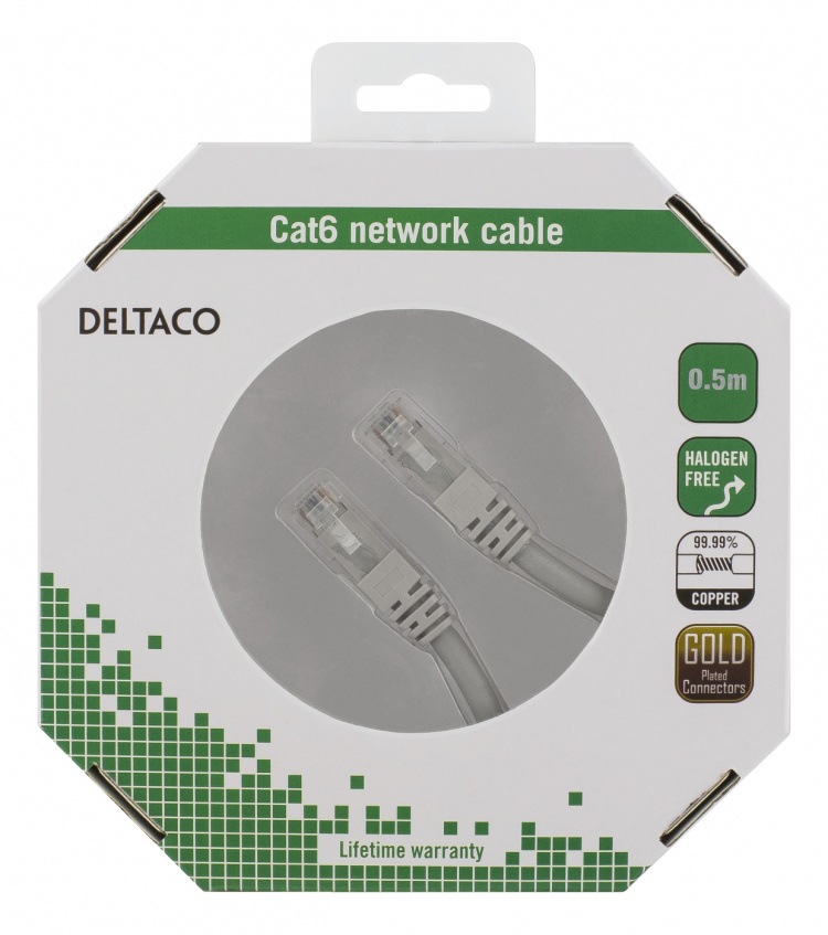 DELTACO U/UTP Cat6 patch cable, 0,5m, 250MHz, LSZH, gray