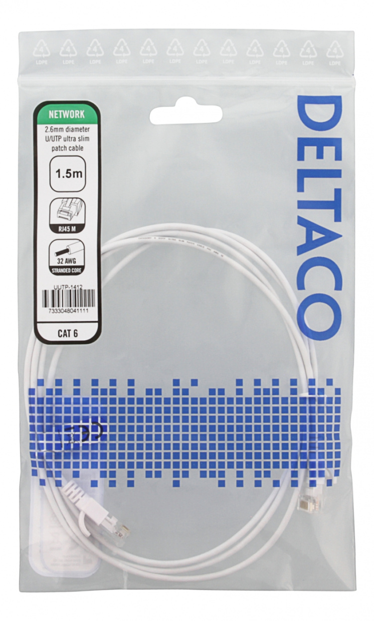 DELTACO Ultra Slim U/UTP Cat.6 patch cable, OD:2.6mm, 1.5m, white
