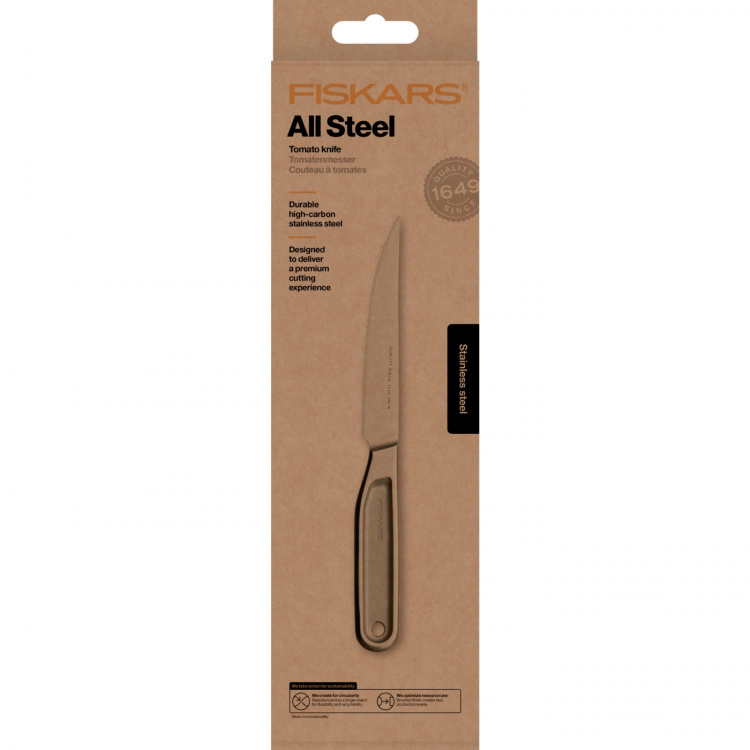 <p><strong>Fiskars The All Steel Tomato Knife is made from clean, high quality stainless steel for superior performance and longevity</strong><br /><br />It has a strong, serrated blade that is perfect for cutting tomatoes and other foods with thin skin o <p><strong>Fiskars The All Steel Tomato Knife is made from clean, high quality stainless steel for superior performance and longevity</strong><br /><br />It has a strong, serrated blade that is perfect for cutting tomatoes and other foods with thin skin o