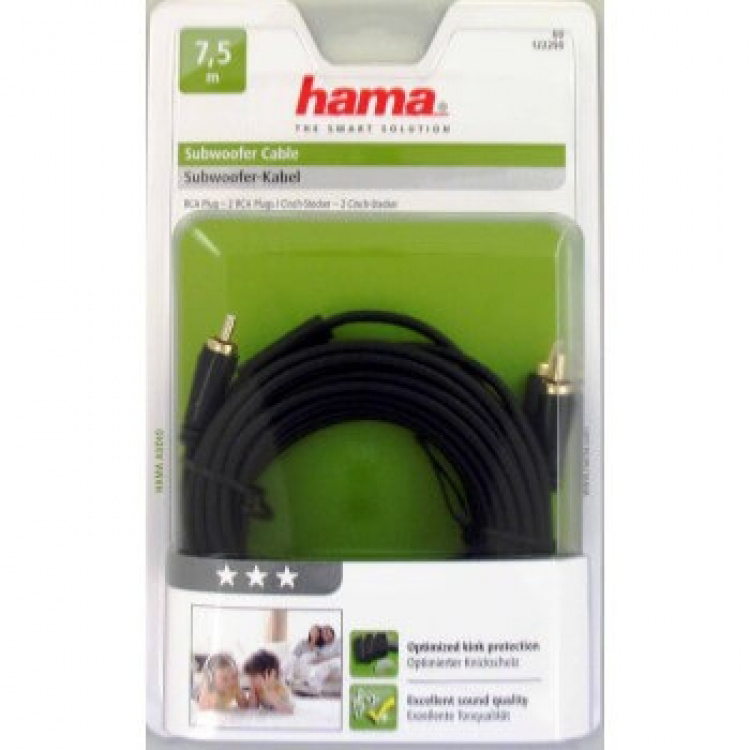 Hama Subwoofer Cable, RCA plug - 2 RCA plugs, gold-plated, 7.5 m Hama Subwoofer Cable, RCA plug - 2 RCA plugs, gold-plated, 7.5 m