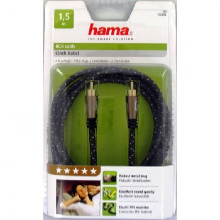 Hama Audio Cable, 2 RCA plugs - 2 RCA plugs, metal, gold-plated Hama Audio Cable, 2 RCA plugs - 2 RCA plugs, metal, gold-plated