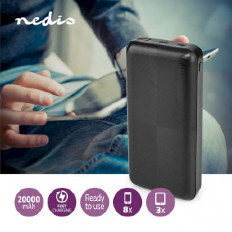 Nedis Powerbank | 20000 mAh | 1.5 / 2.0 / 3.0 A | Number of outputs: 2 | Output connection: 1x USB-A / 1x USB-C™ | Input connection: 1x Micro USB / 1x USB-C™ | PD2.0 18W | Lithium-Polymer