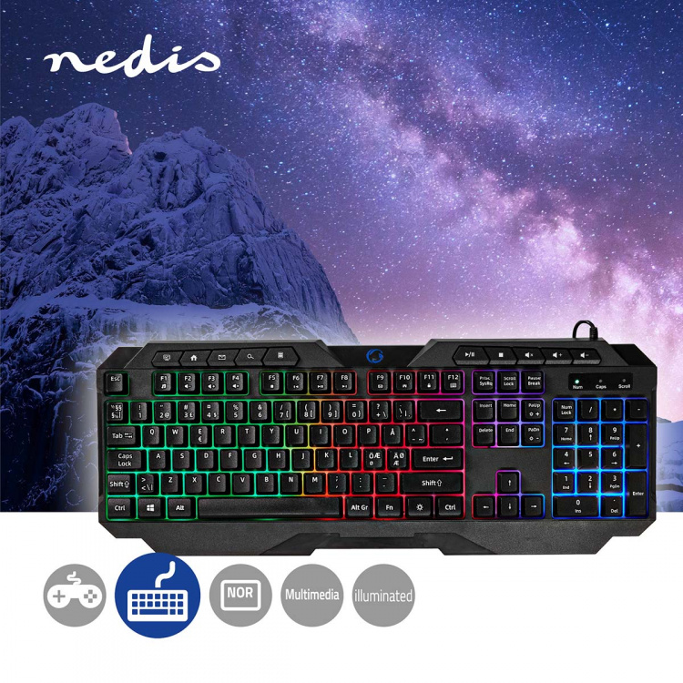 Nedis Wired Gaming Keyboard | USB Type-A | Membrane Keys | LED | QWERTY | ND Layout | USB Powered | Power cable length: 1.30 m | Multimedia Nedis Wired Gaming Keyboard | USB Type-A | Membrane Keys | LED | QWERTY | ND Layout | USB Powered | Power cable length: 1.30 m | Multimedia