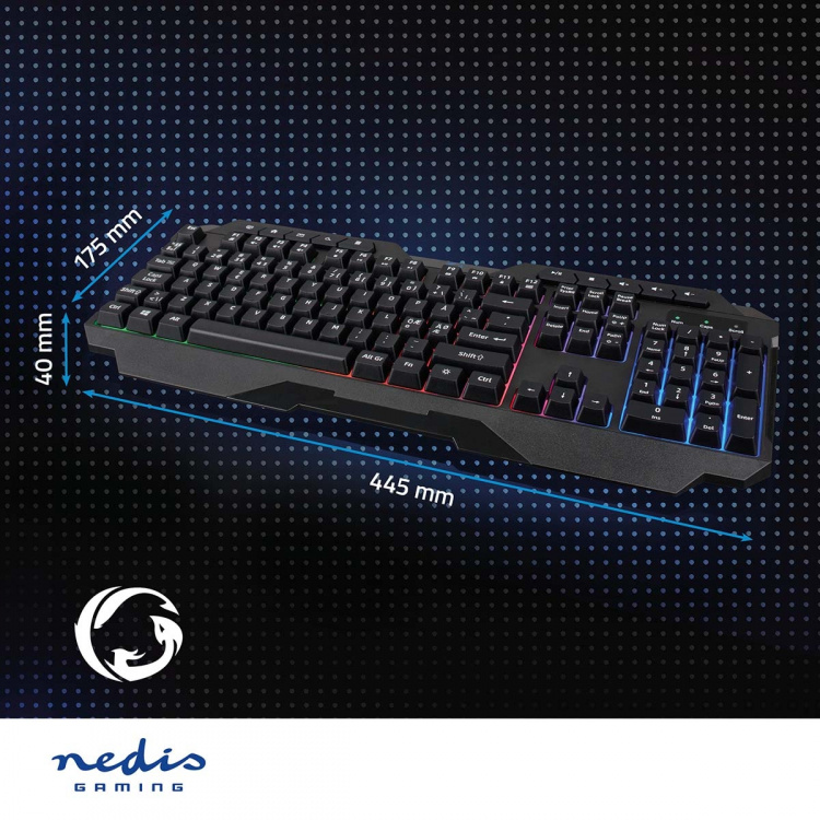 Nedis Wired Gaming Keyboard | USB Type-A | Membrane Keys | LED | QWERTY | ND Layout | USB Powered | Power cable length: 1.30 m | Multimedia Nedis Wired Gaming Keyboard | USB Type-A | Membrane Keys | LED | QWERTY | ND Layout | USB Powered | Power cable length: 1.30 m | Multimedia