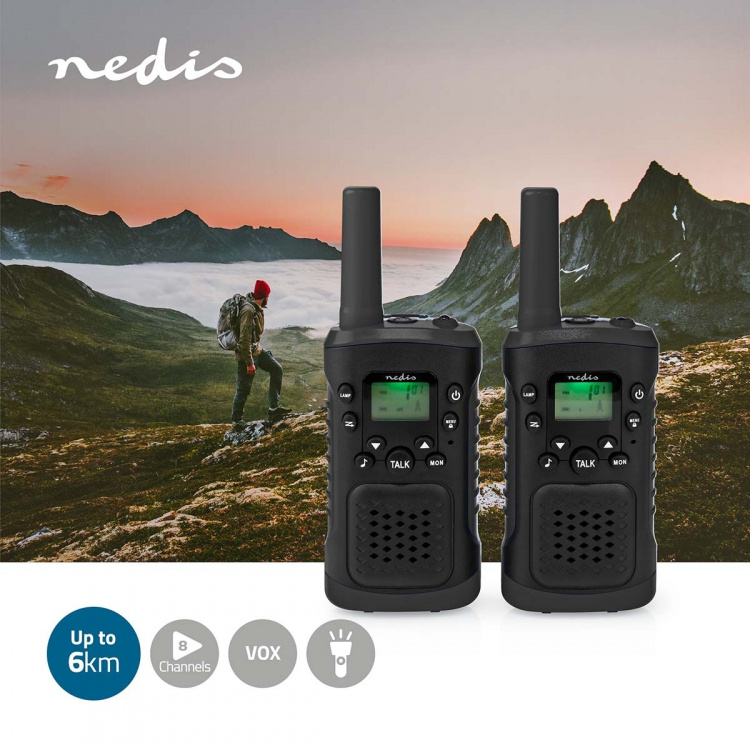 Nedis Walkie-Talkie Set | 2 Handsets | Up to 6 km | Frequency channels: 8 | PTT / VOX | up to 3 Hours | Headphone output | 2 Headsets | Black