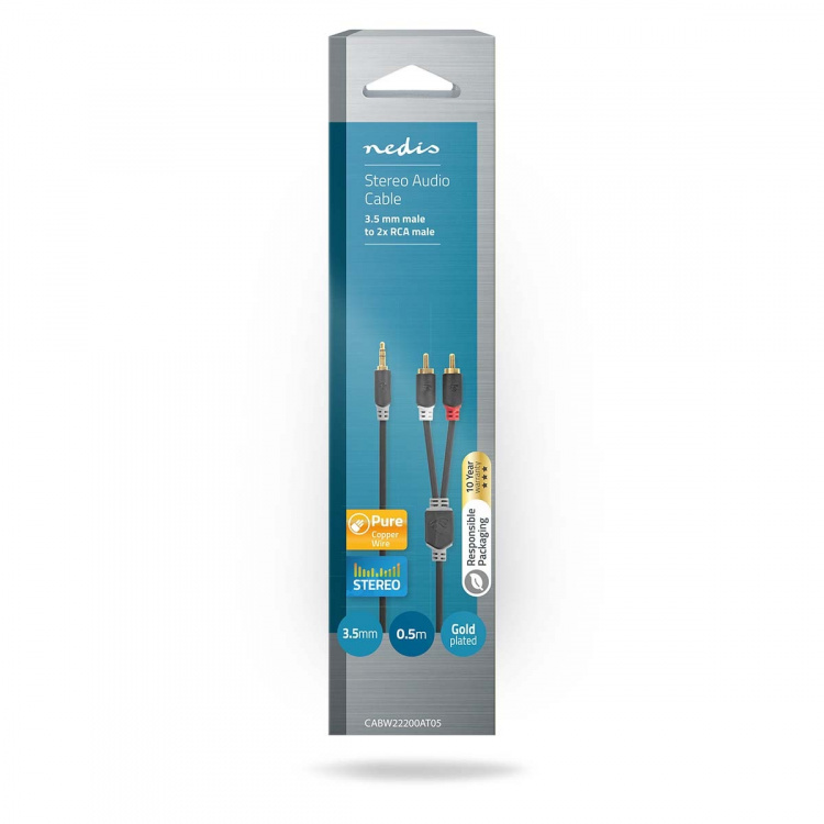 Nedis Stereo Audio Cable | 3.5 mm Male | 2x RCA Male | Gold Plated | 0.50 m | Round | Anthracite | Box