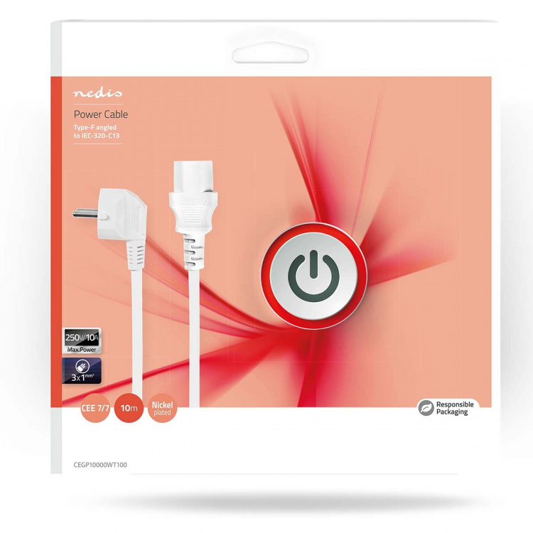 Nedis Power Cable | Plug with earth contact male | IEC-320-C13 | Angled | Straight | Nickel Plated | 10.0 m | Round | PVC | White | Box