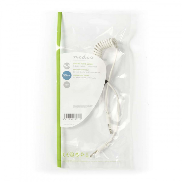 Nedis Stereo Audio Cable | 3.5 mm Male | 3.5 mm Male | Nickel Plated | 1.00 m | Round | White Nedis Stereo Audio Cable | 3.5 mm Male | 3.5 mm Male | Nickel Plated | 1.00 m | Round | White